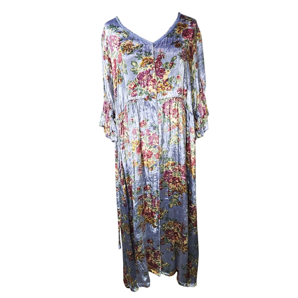 April Cornell Blue Floral Crushed Velvet Maxi Dress XXL Cottagecore Boho Beaded